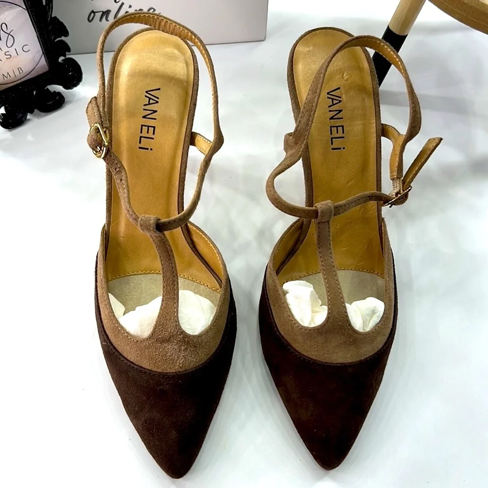 Van Eli Brown and Tan T-Strap Color-Block Suede High Heels, Size 8